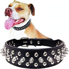 Adjustable Microfiber Leather Spiked Studded Dog Collar with a Squeak Ball Gift for Small Medium Large Pets Like Cats/Pit Bull/Bulldog/Pugs/Husky (Color: BLACK)